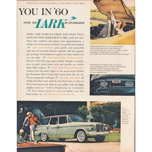1960 Studebaker Lark Yellow Convertible Green Station Wagon Vintage Print Ad - Picture 2 of 2